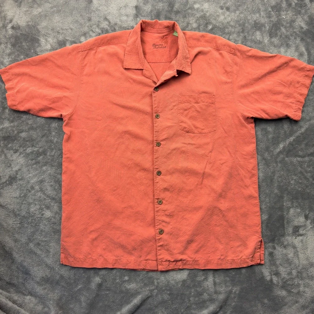 Tommy Bahama Shirt Mens Large Orange 100%‎ Silk Floral Leaf Pattern Button Up